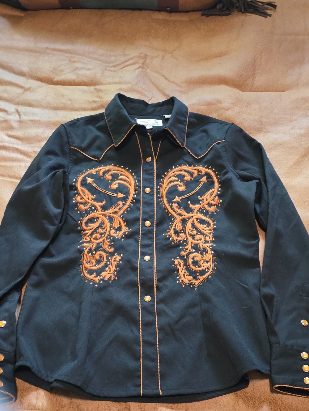Panhandle Slim Black Western Button-Down Shirt with Orange Embroidery